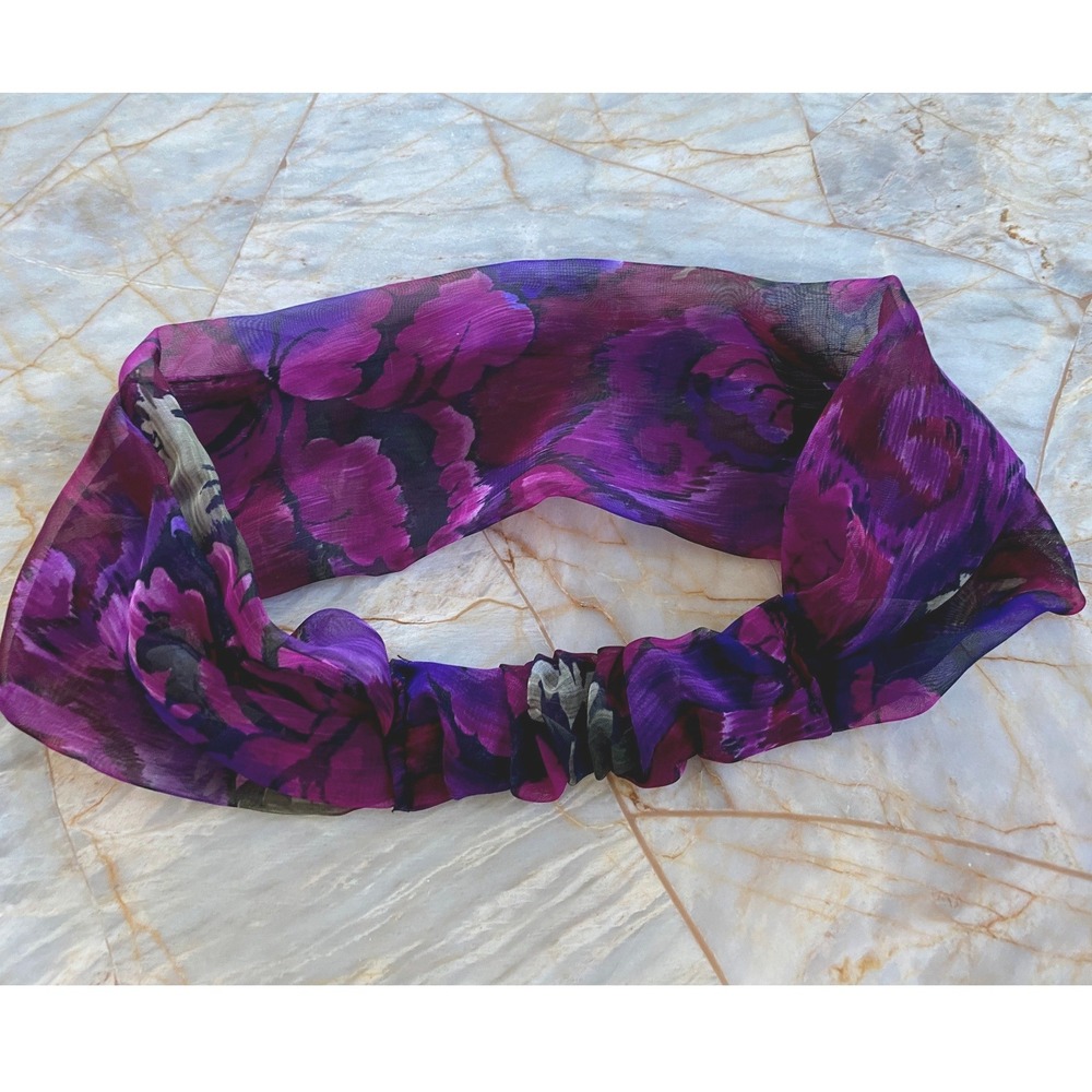 Purple Floral Sheer Wide Headband Elastic Back Watercolor Print Hair Accessory